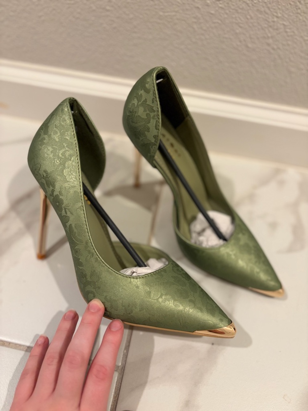 Olive Green Pointed-Toe High Heel Pumps with Gold Cap